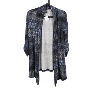 VTG Y2K Waterfall Cardigan XL Blue Geometric Pattern Roll Tab Sleeve Cottagecore